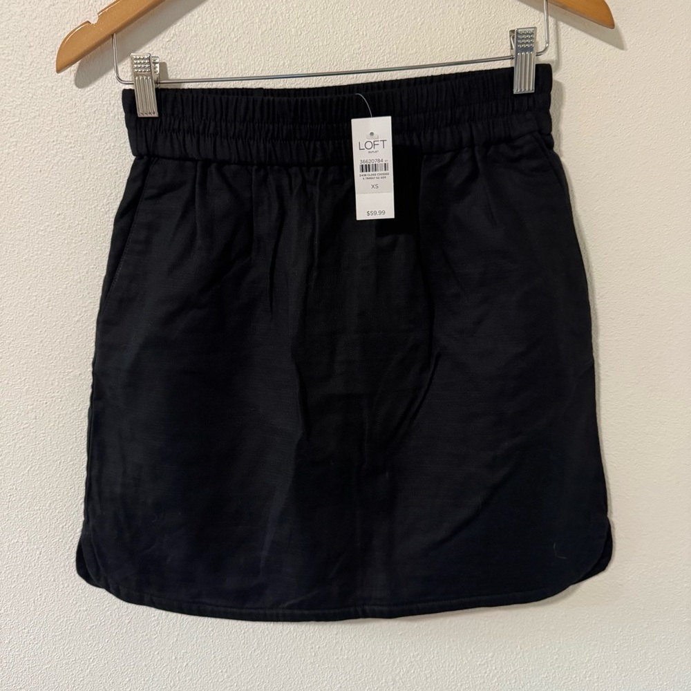 Loft Outlet Cotton Mini Skirt Black Elastic Waist Pockets Dolphin Hem 2024-XS